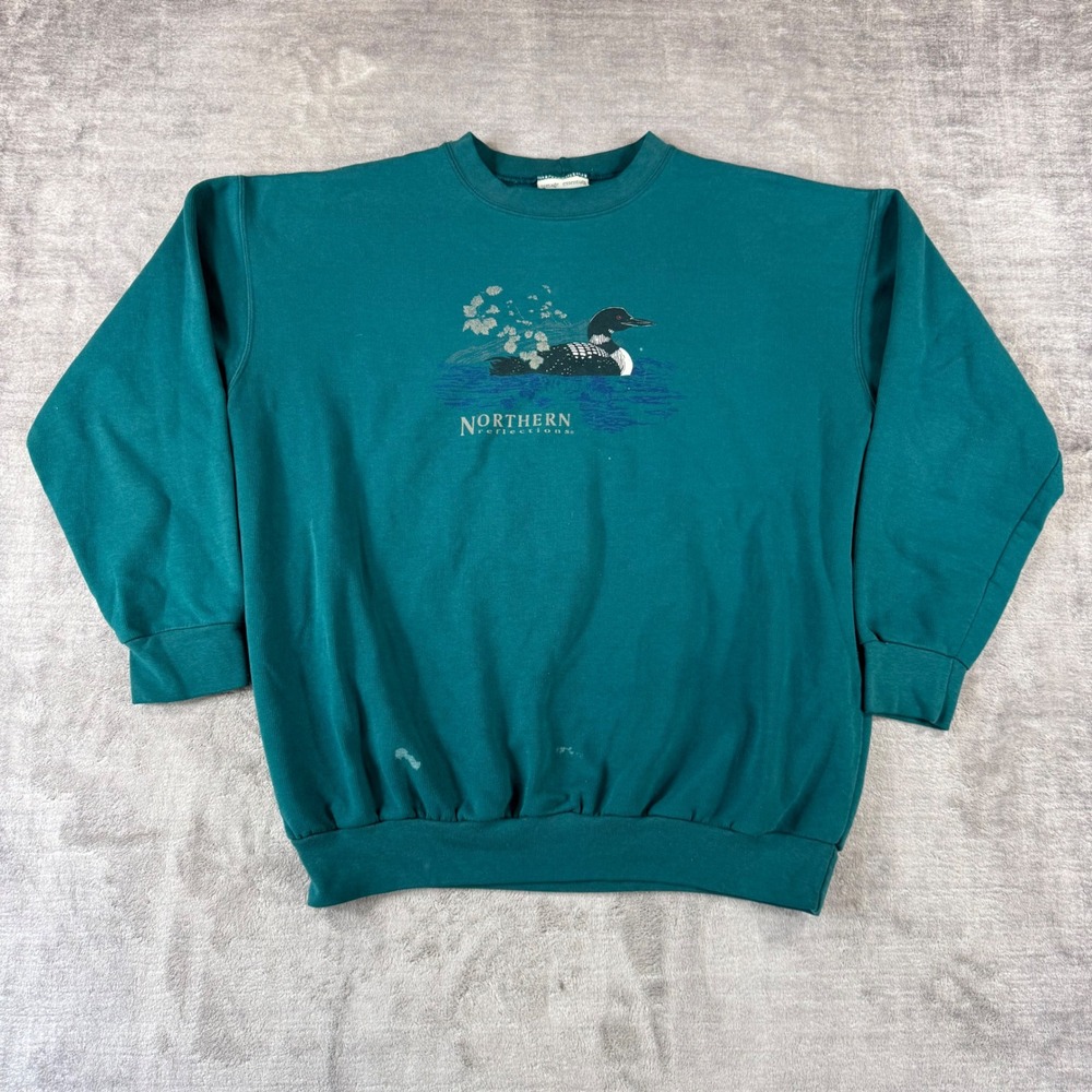Northern Reflections Sweatshirt Mens XL Teal Vintage Nature Loon Cabin Crewneck